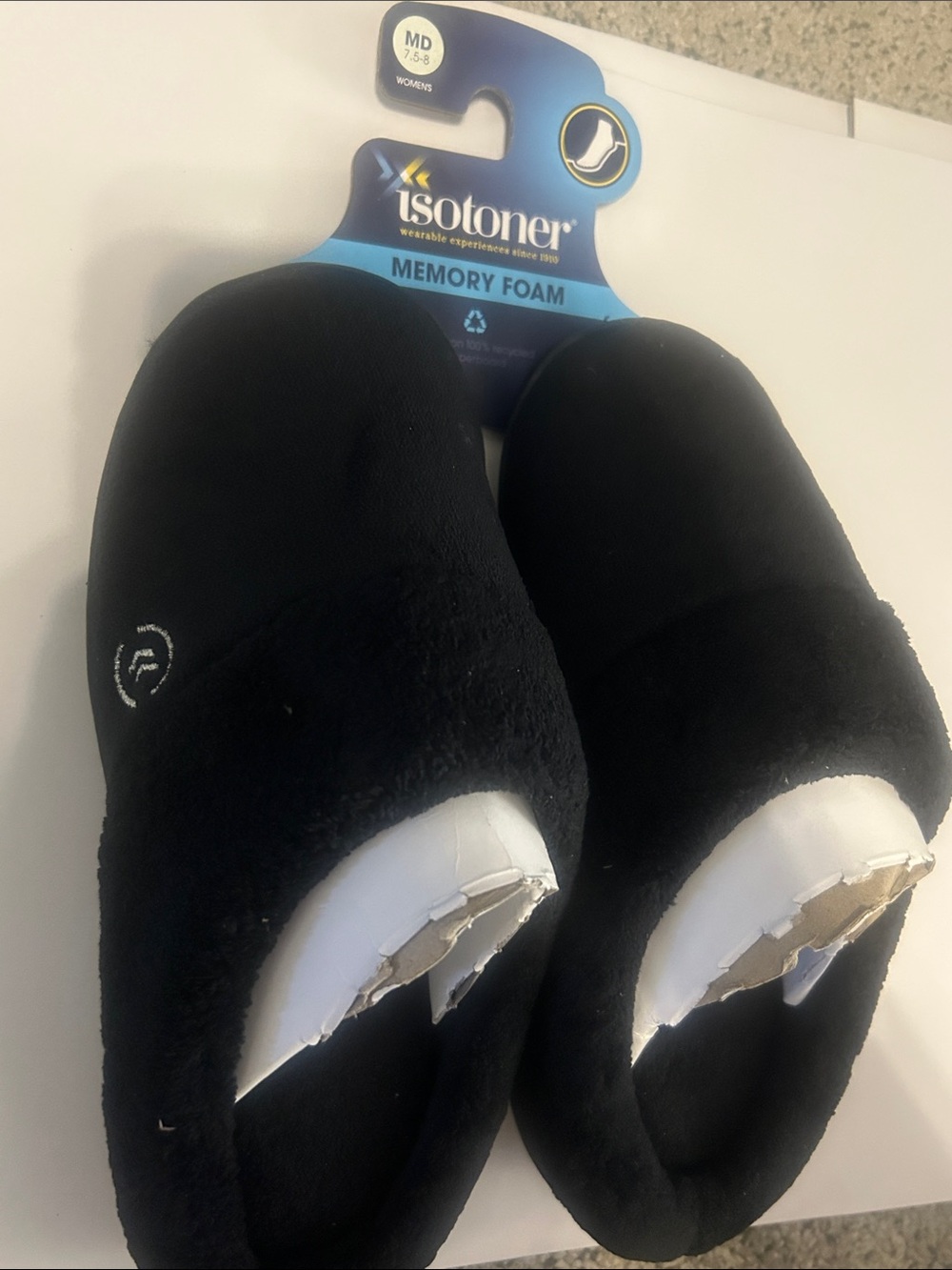 isotoner Women’s Black Plush Memory Foam Slip-On Slippers